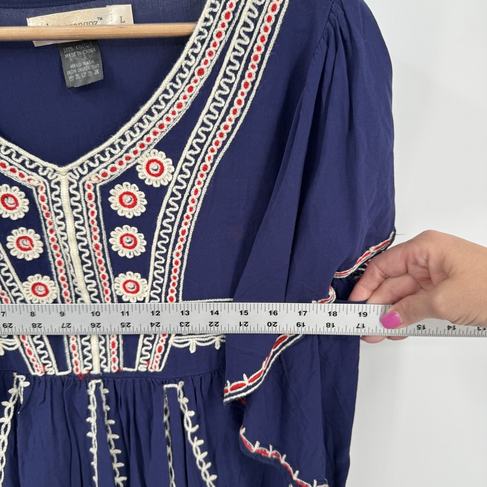 Urban Mangoz Womens Blouse L Navy Blue Embroidered Boho Babydoll Flutter Sleeve - Picture 7 of 8
